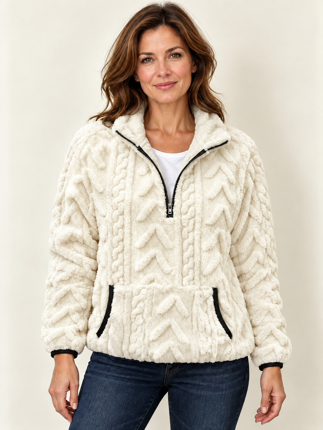 Women’s Half-Zip Fleece Jumper – Textured & Kangaroo Pocket