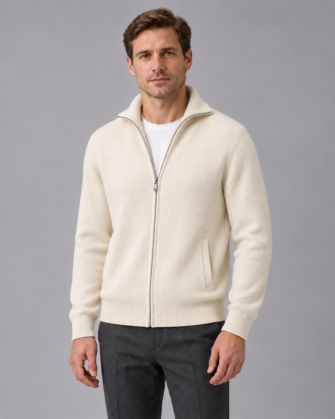 Men’s Cashmere Zip Cardigan – Rib Knit