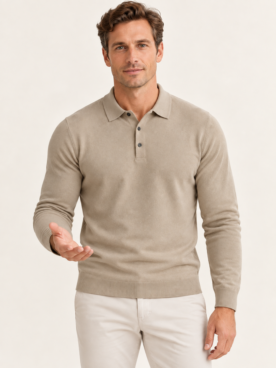 Men’s Long-Sleeve Knitted Polo Shirt – Button Placket & Ribbed Trims