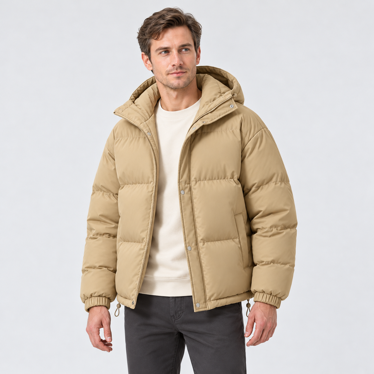 Men's Hooded Puffer Jacket – Zip Front & Relaxed Fit
