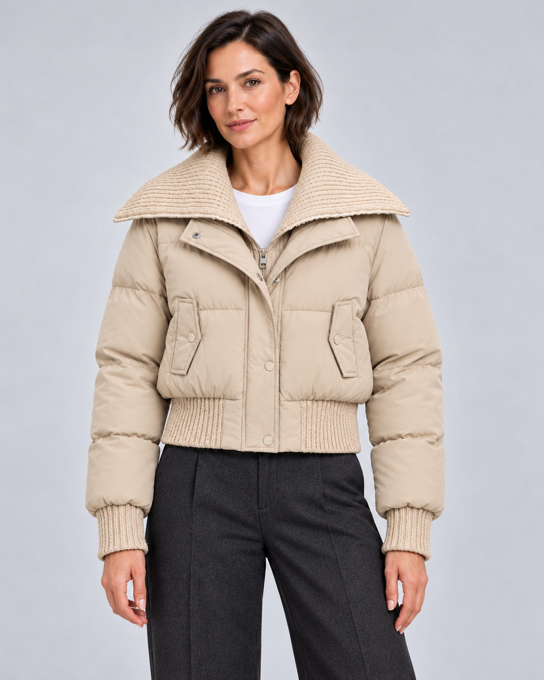 Women’s Puffer Jacket With Ribbed Knit Collar