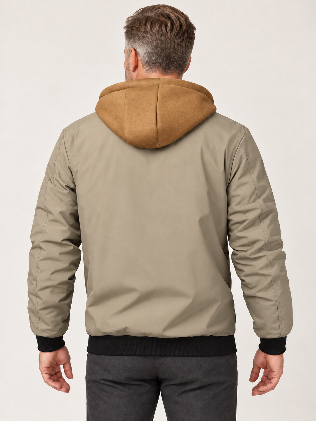 Men’s Hooded Bomber Jacket – Contrast Hood & Zip Front