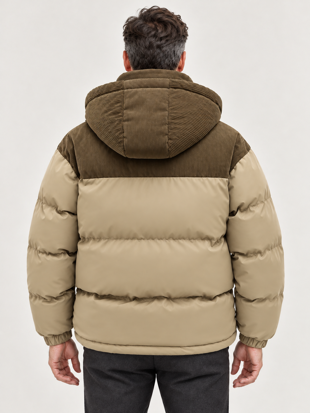 Men’s Hooded Puffer Jacket – Contrast Panels & Zip Front