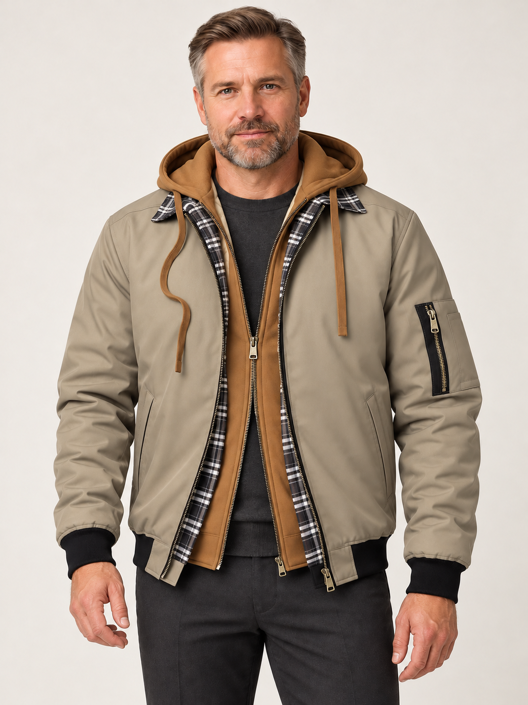 Men’s Hooded Bomber Jacket – Contrast Hood & Zip Front