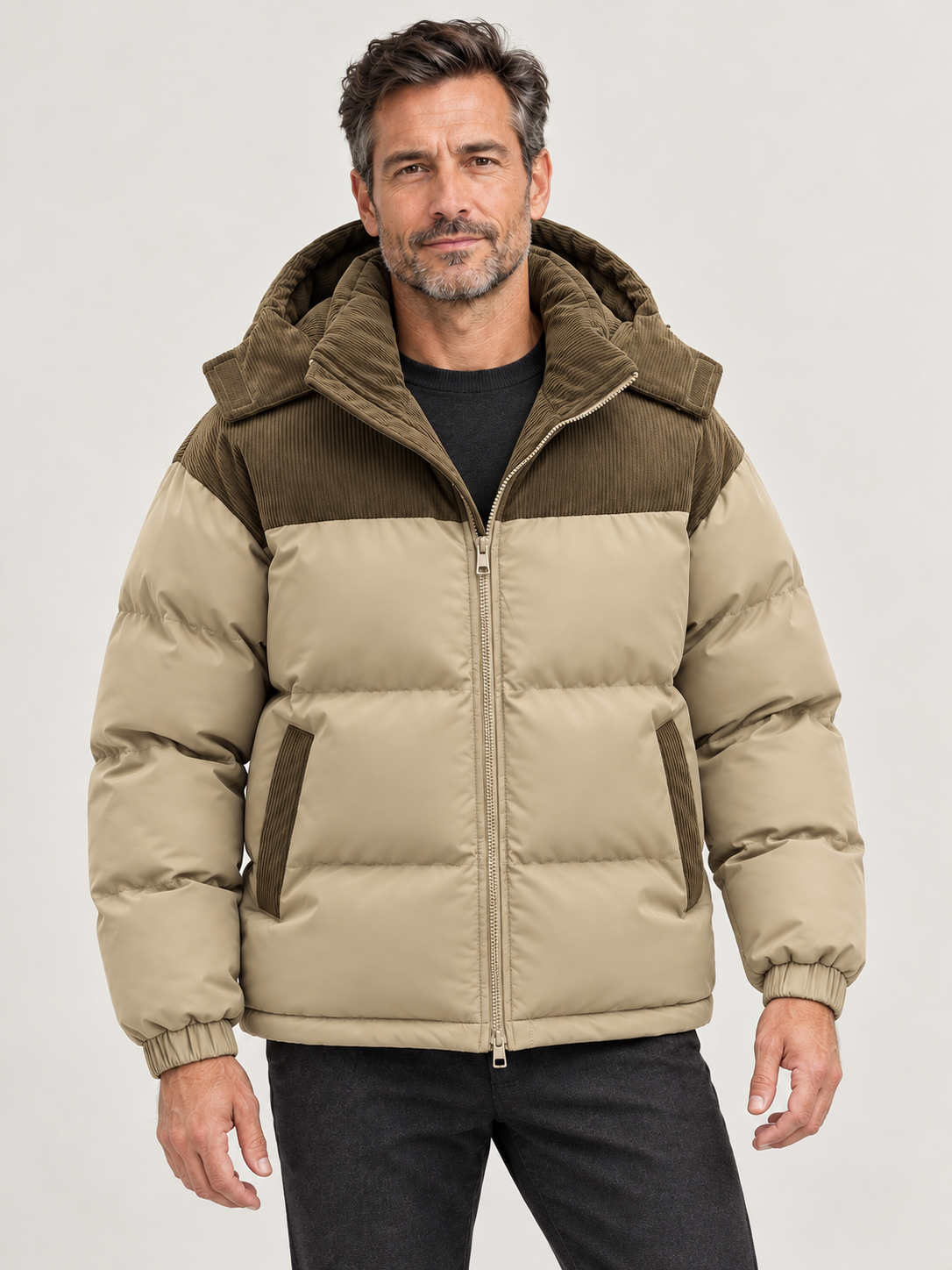 Men’s Hooded Puffer Jacket – Contrast Panels & Zip Front