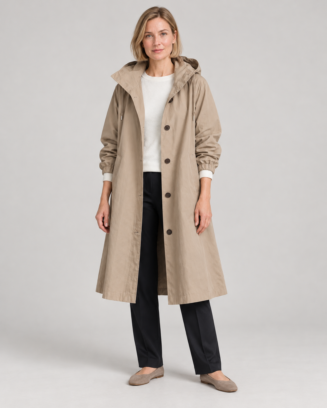 Waterproof Coat for Ladies – Long Hooded Raincoat with Button Front and Pockets
