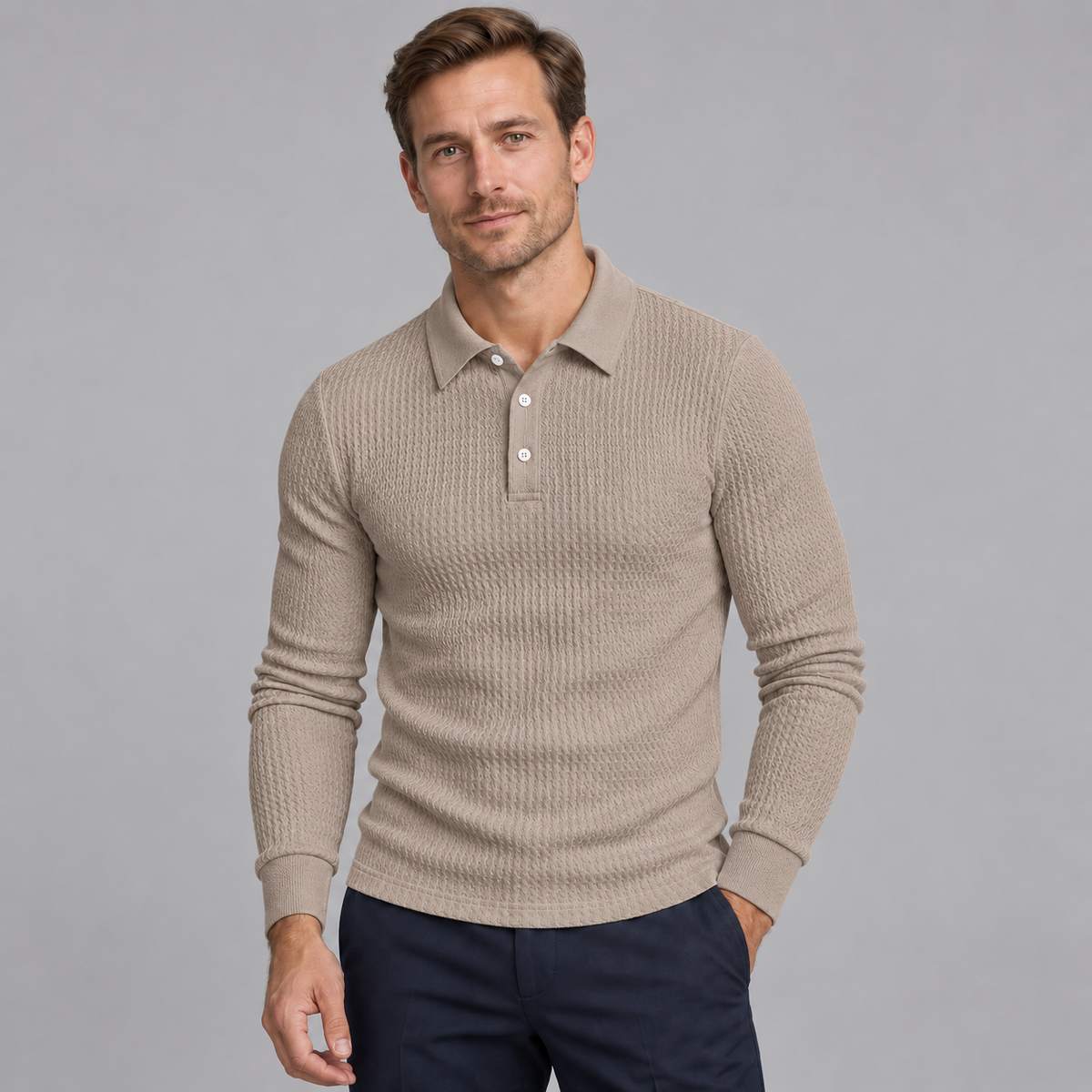 Men's Ribbed Long-Sleeve Polo Sweater – Slim Fit