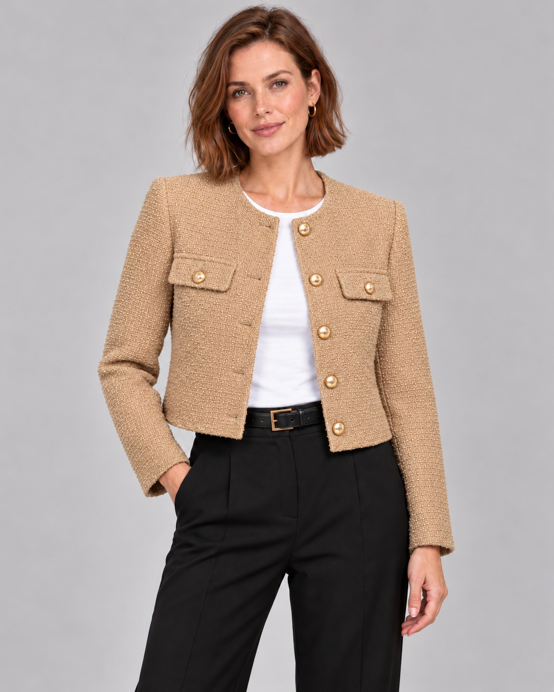 Women’s Cropped Tweed Jacket – Gold Button Blazer