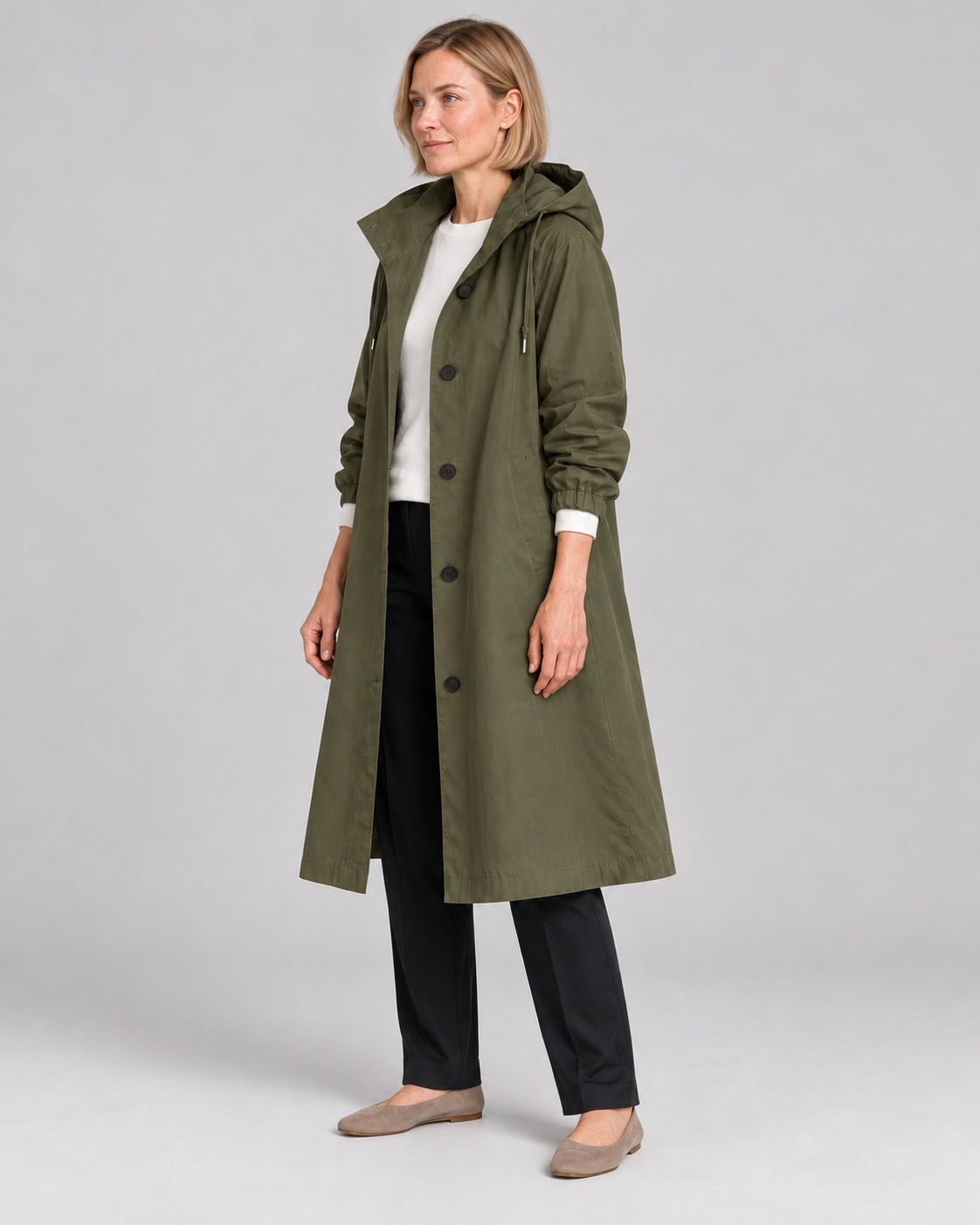 Waterproof Coat for Ladies – Long Hooded Raincoat with Button Front and Pockets