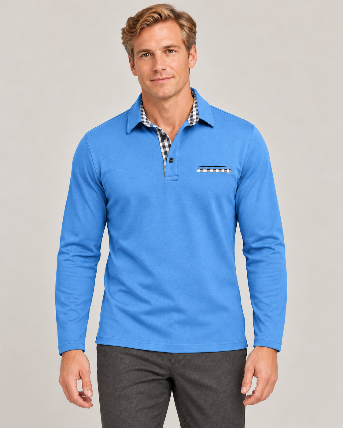 Men’s Long Sleeve Polo Shirt in Cotton Blend with Check Trim