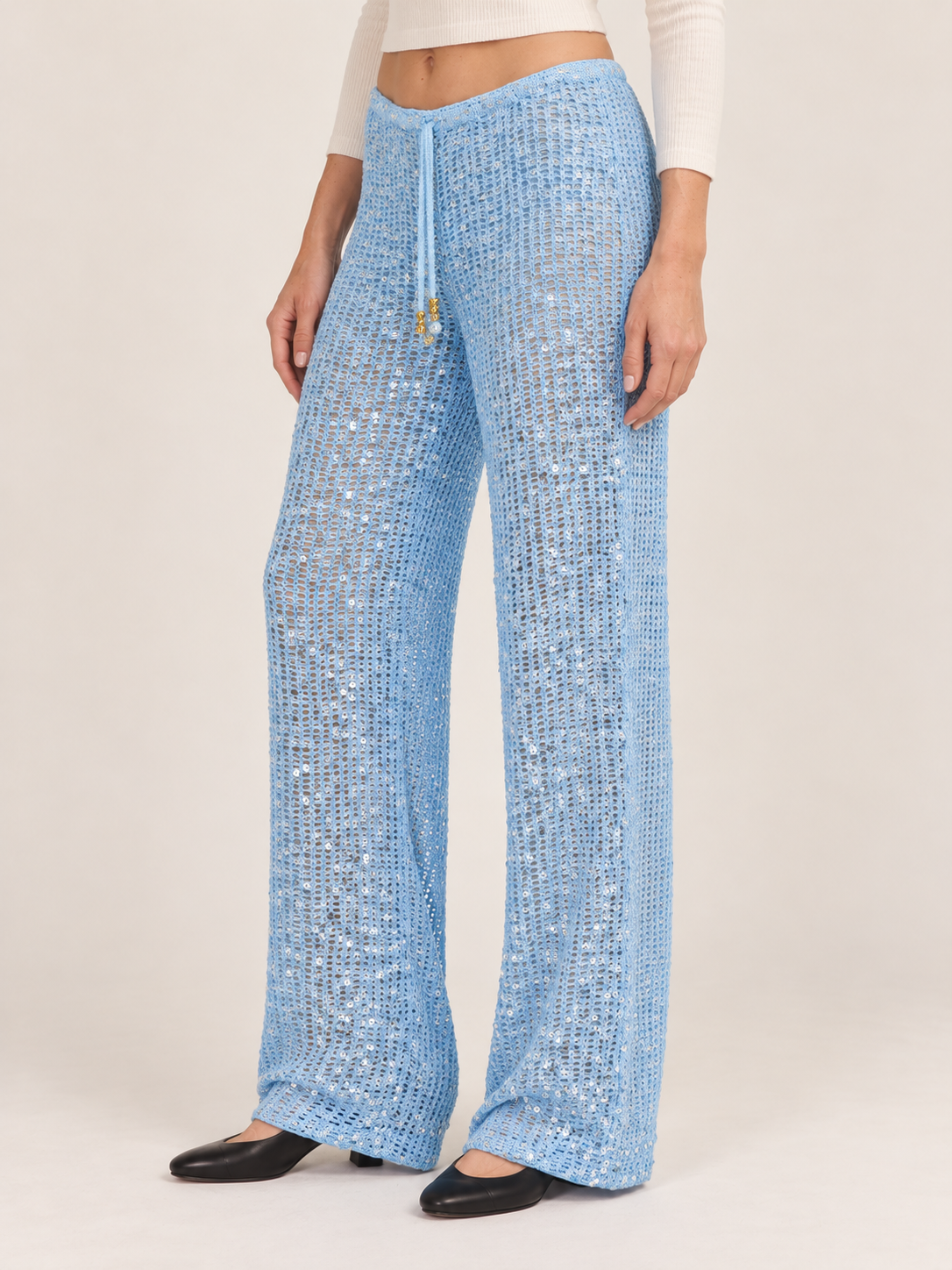 Women's Sequin Crochet Wide-Leg Trousers – Drawstring Waist