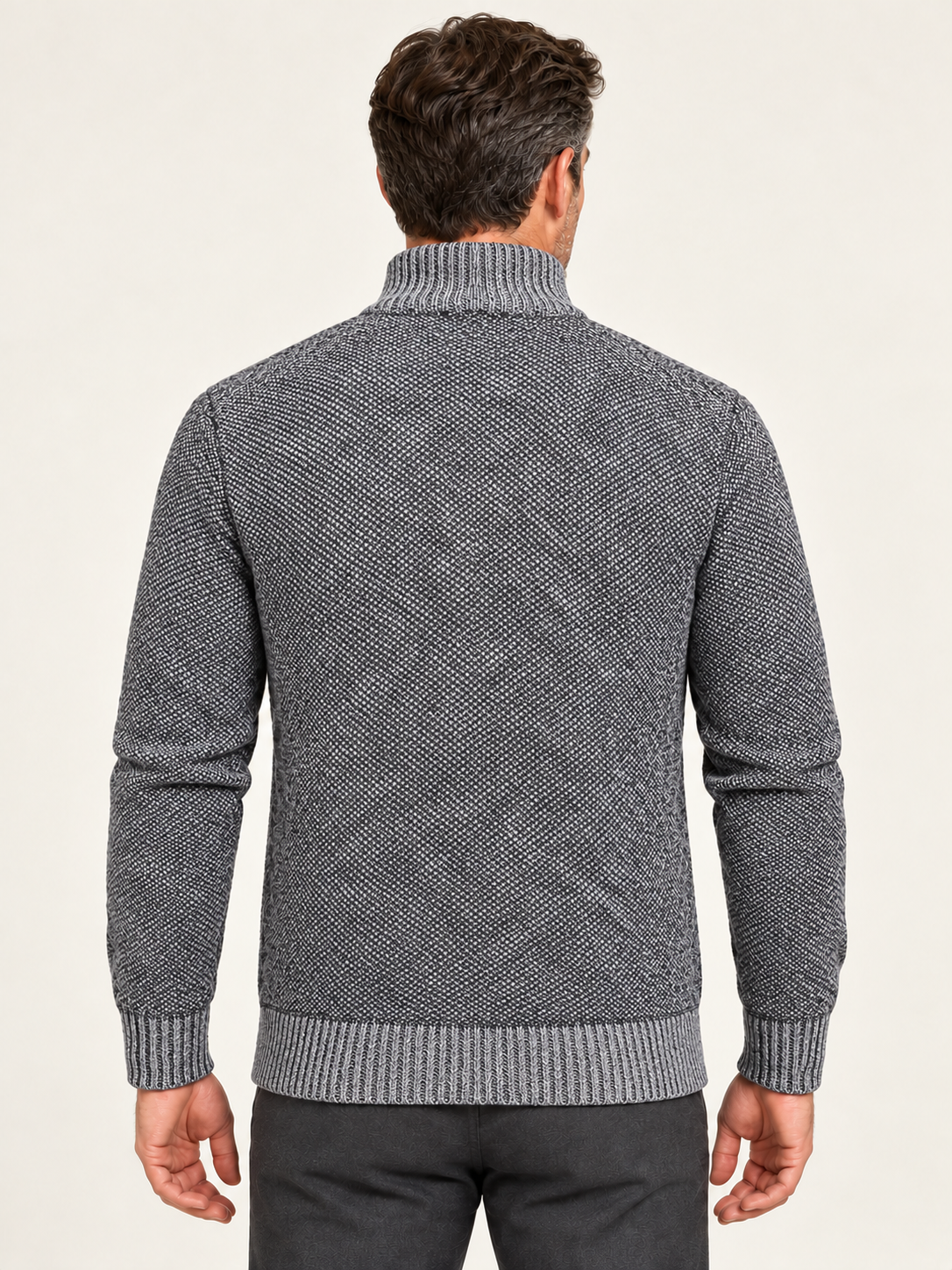 Men’s Fleece-Lined Zip-Up Cardigan – Stand Collar & Patterned Knit