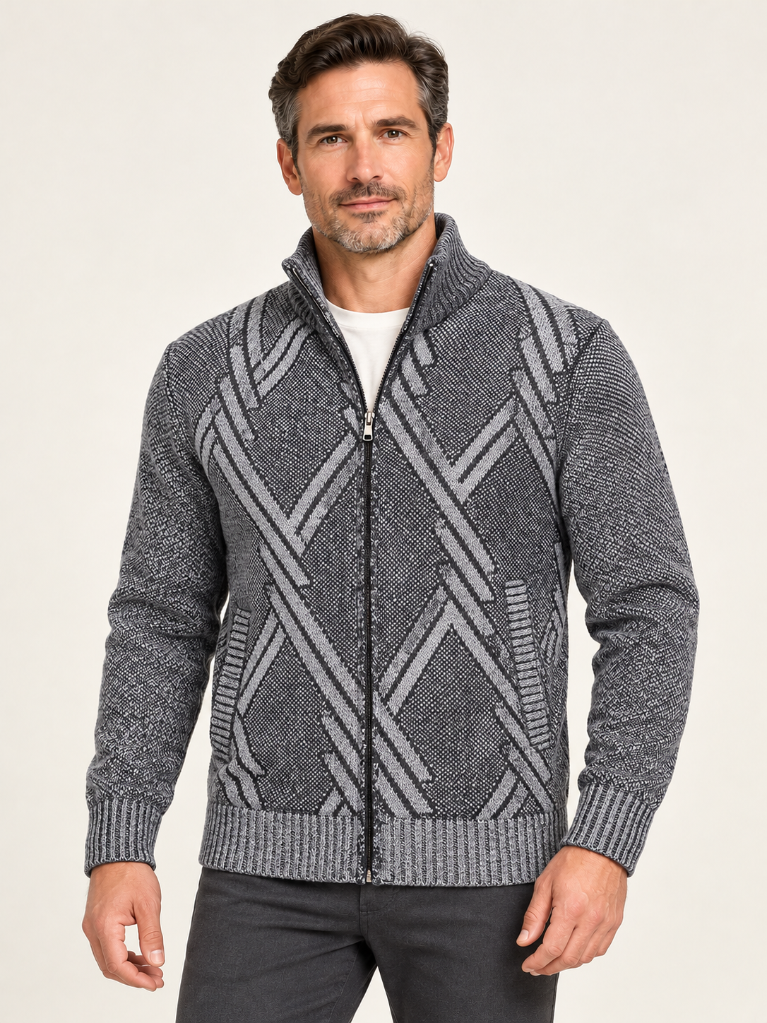 Men’s Fleece-Lined Zip-Up Cardigan – Stand Collar & Patterned Knit
