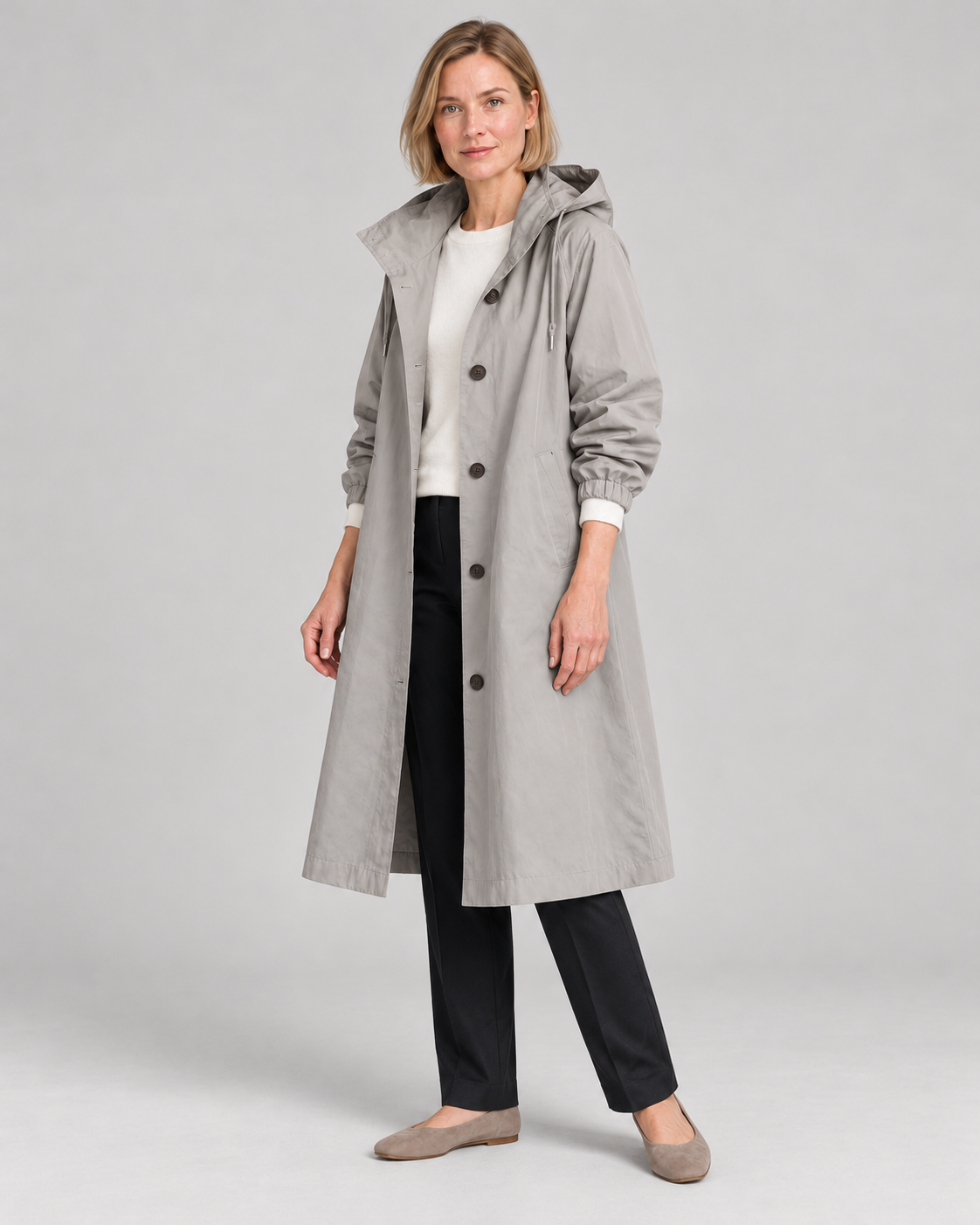 Waterproof Coat for Ladies – Long Hooded Raincoat with Button Front and Pockets