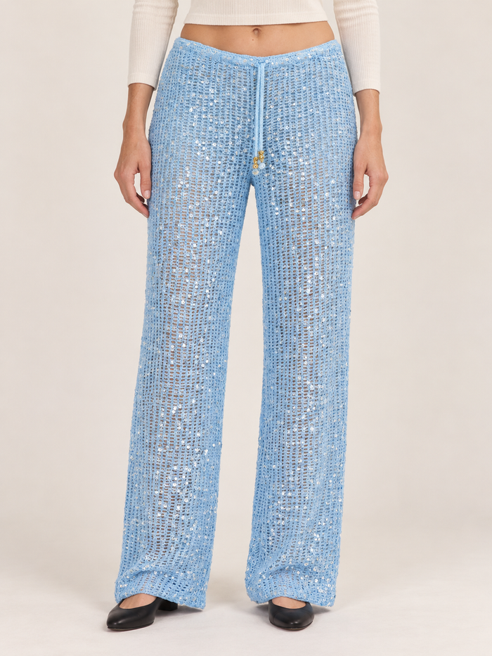 Women's Sequin Crochet Wide-Leg Trousers – Drawstring Waist