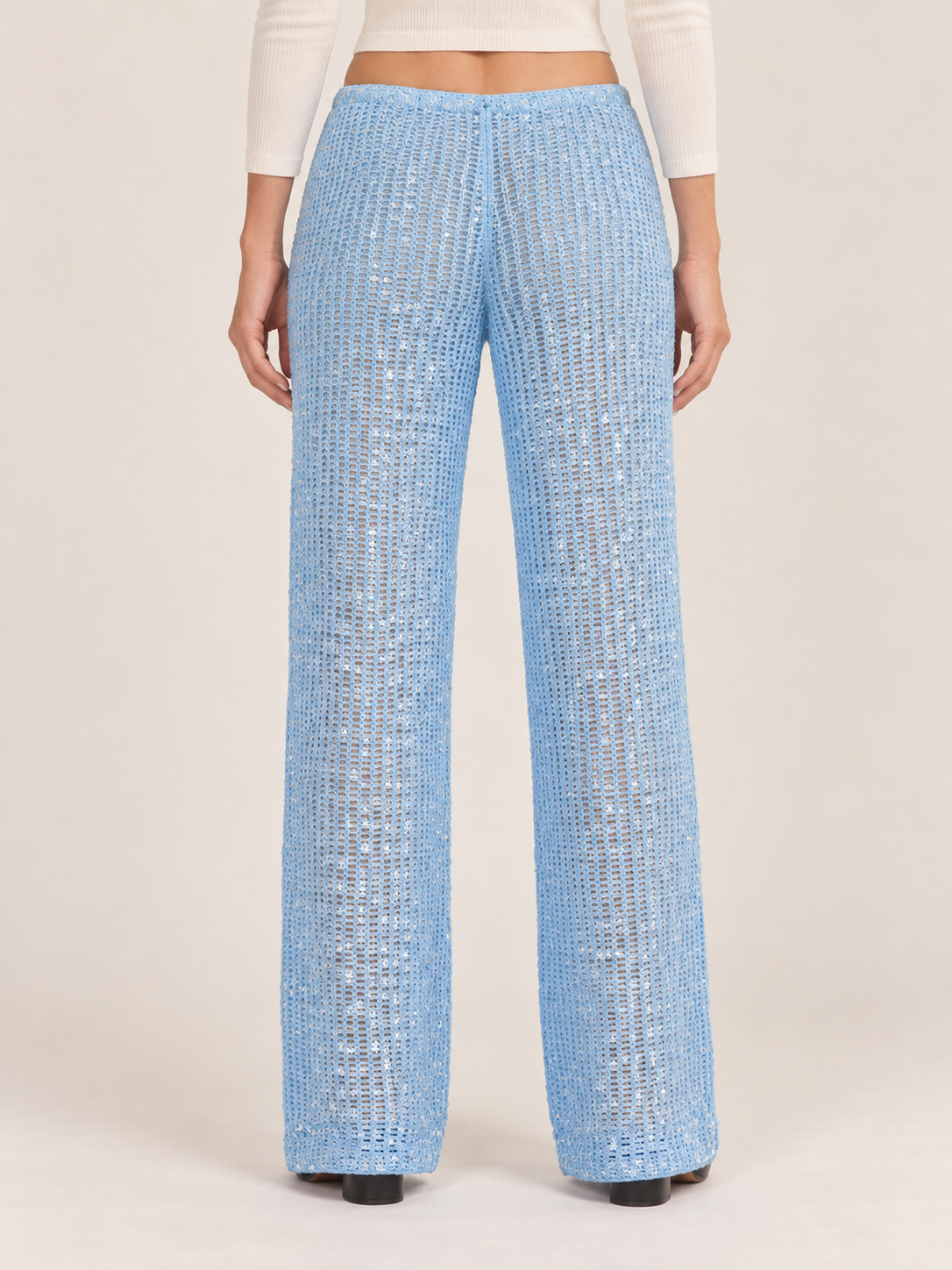 Women's Sequin Crochet Wide-Leg Trousers – Drawstring Waist
