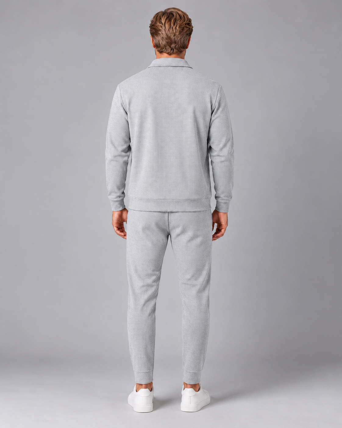 Men's Waffle Tracksuit Set – Collared Zip Jacket & Trousers