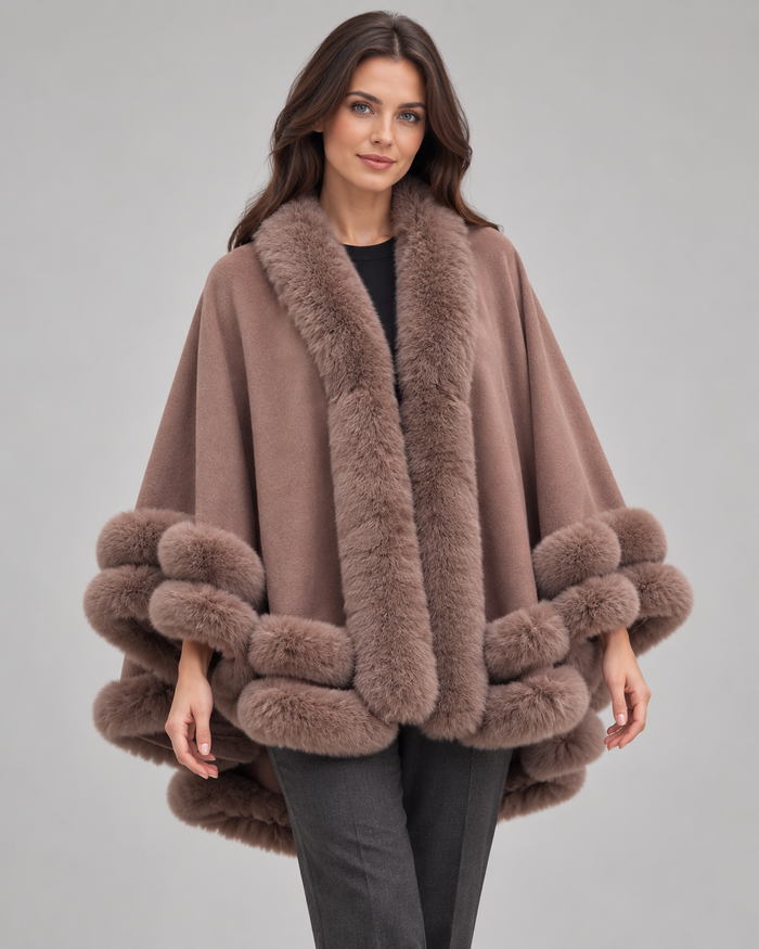 Women’s Cape Coat With Faux Fur Trim