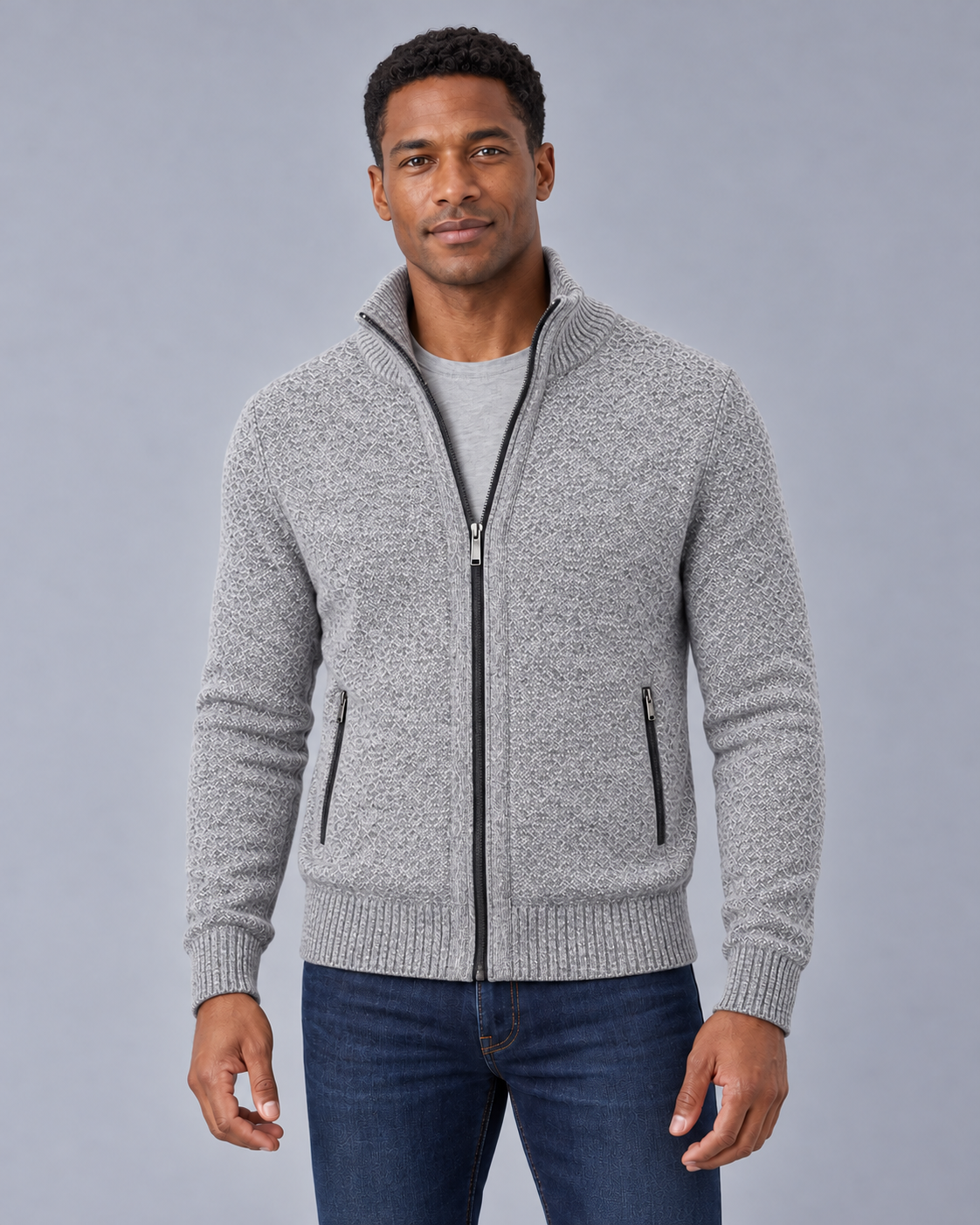 Men's Merino Wool Full-Zip Cardigan – Stand Collar & Zip Pockets