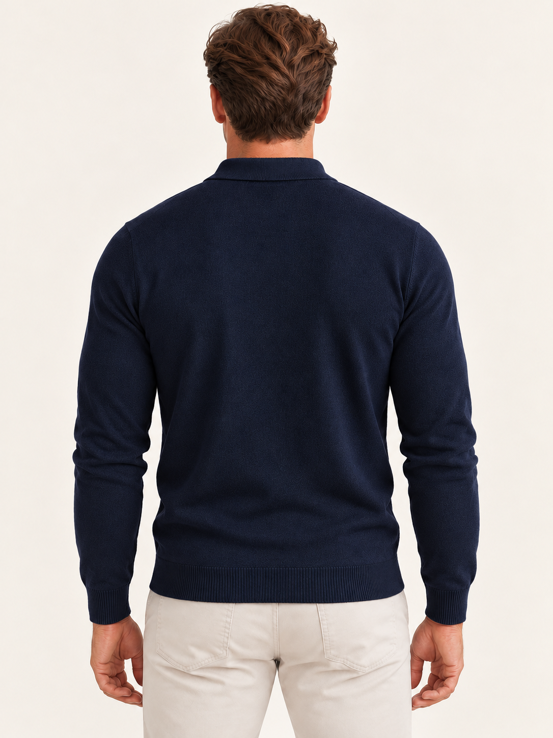 Men’s Long-Sleeve Knitted Polo Shirt – Button Placket & Ribbed Trims