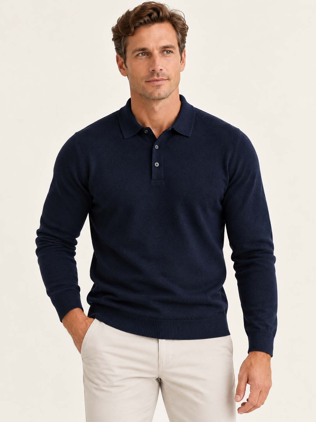 Men’s Long-Sleeve Knitted Polo Shirt – Button Placket & Ribbed Trims