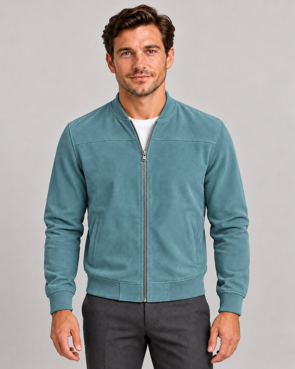 Men’s Faux Suede Bomber Jacket with Zip Front and Ribbed Trims