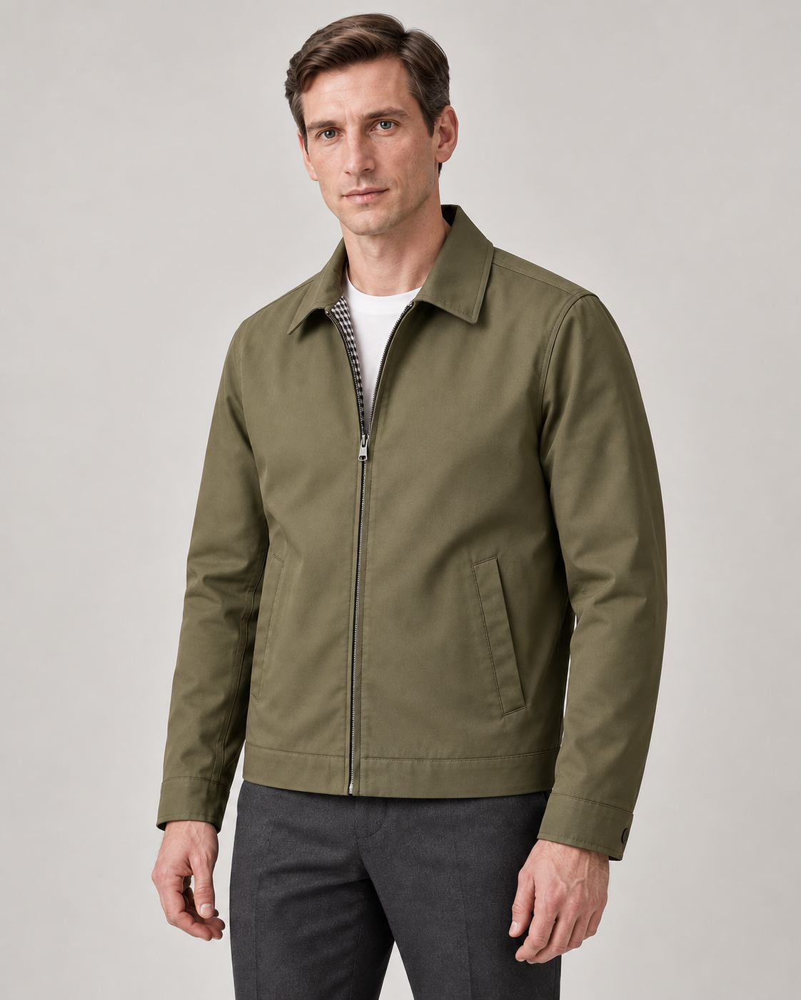 Men’s Lightweight Zip Jacket with Point Collar and Checked Lining
