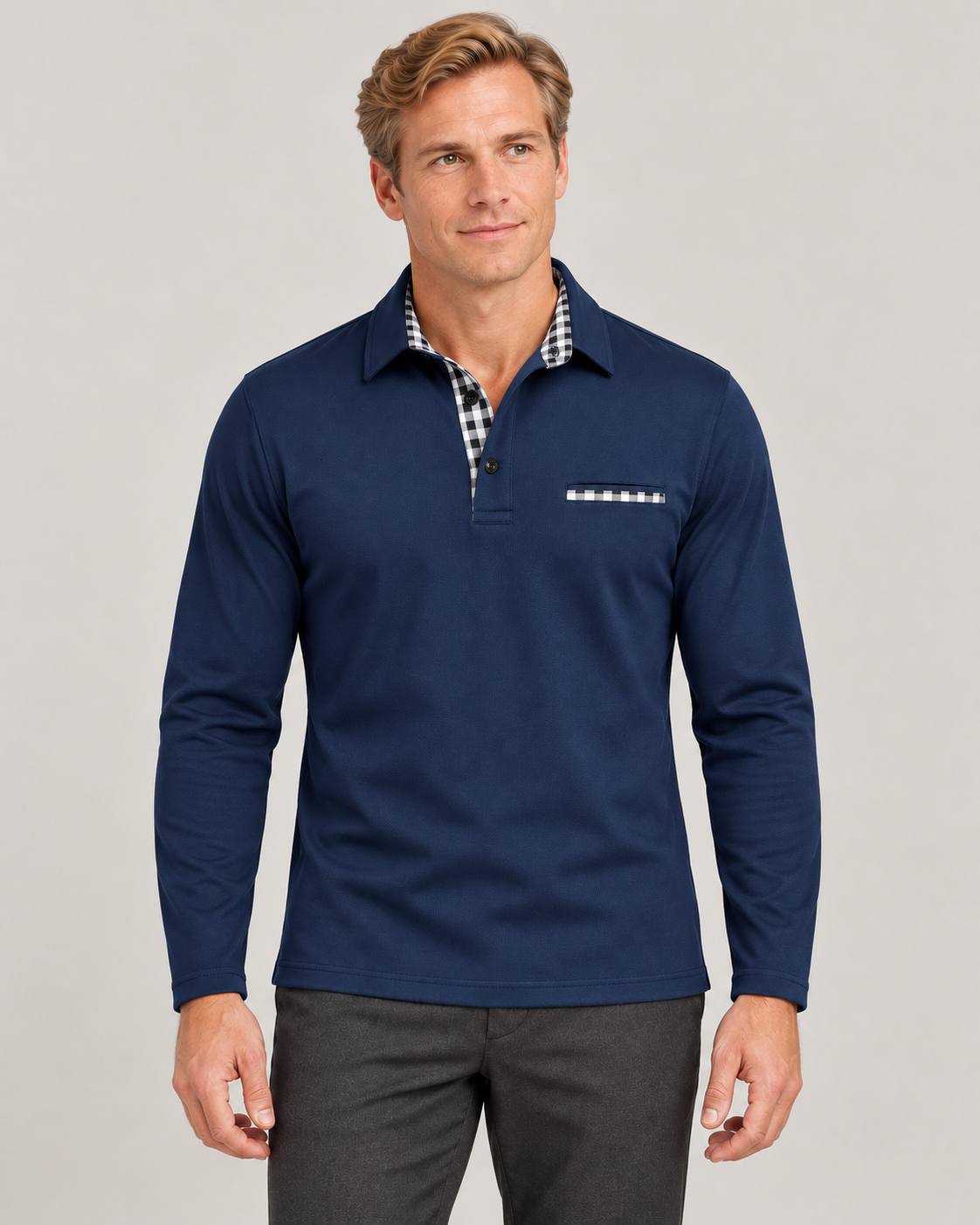 Men’s Long Sleeve Polo Shirt in Cotton Blend with Check Trim