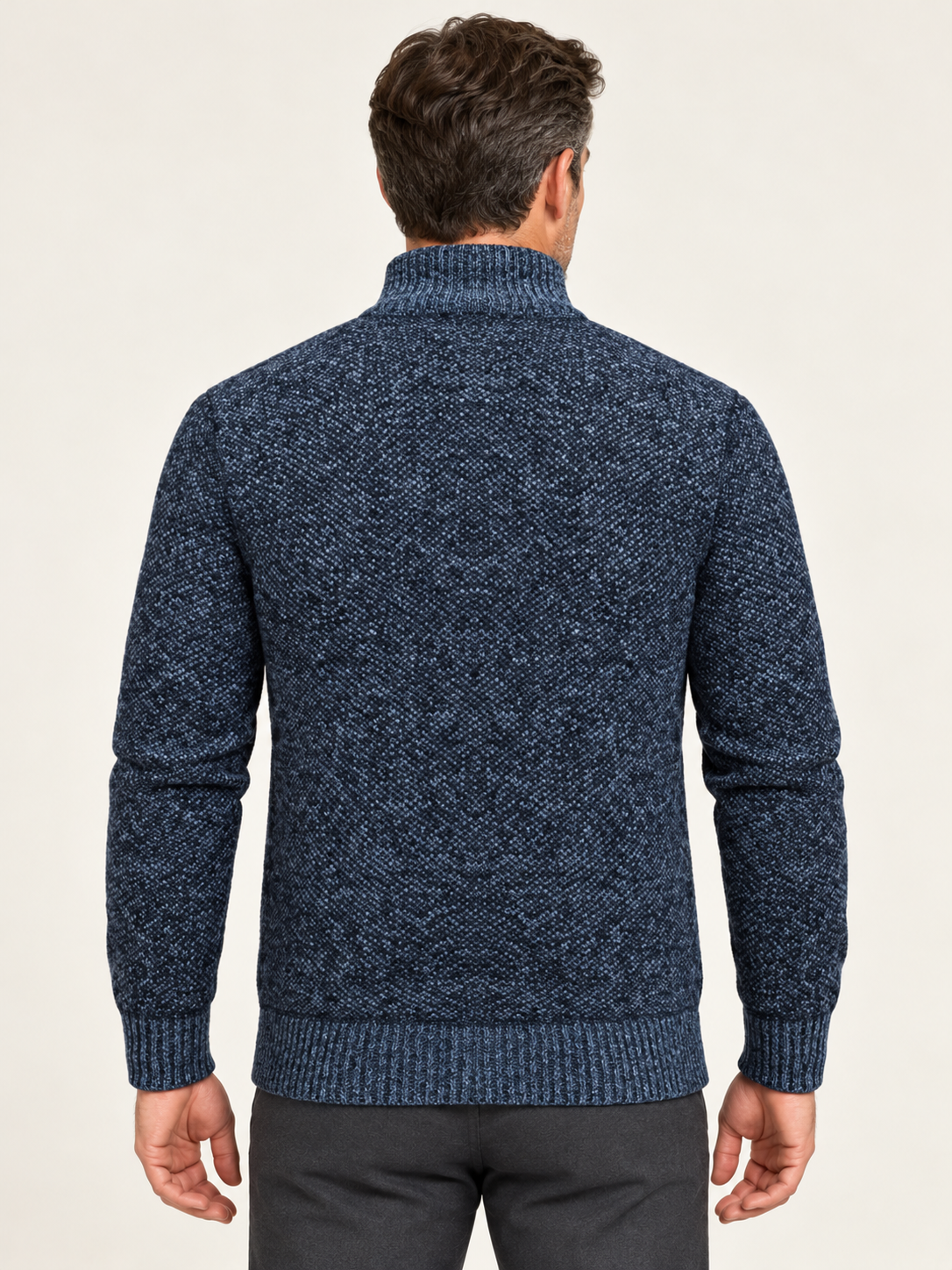 Men’s Fleece-Lined Zip-Up Cardigan – Stand Collar & Patterned Knit