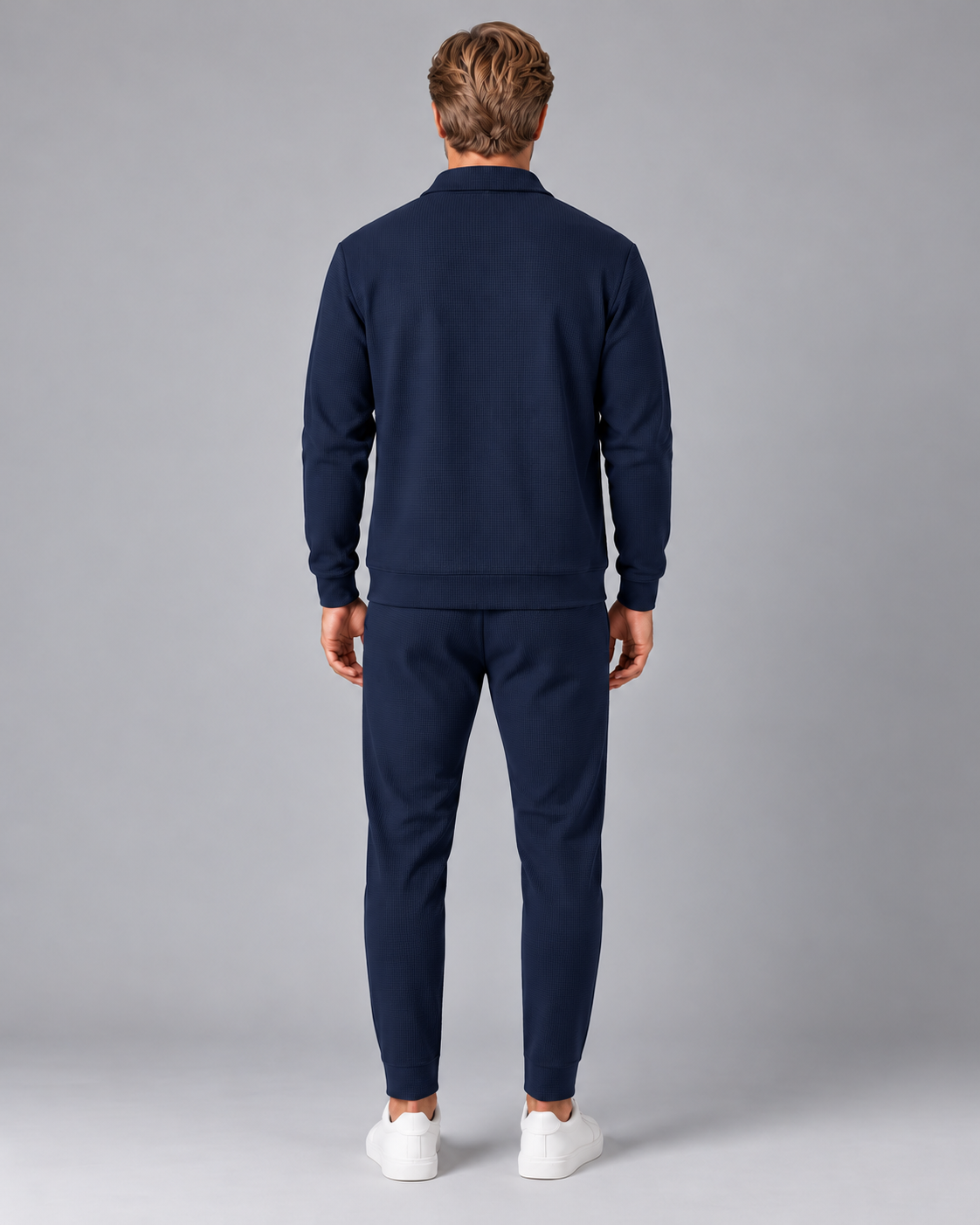 Men's Waffle Tracksuit Set – Collared Zip Jacket & Trousers