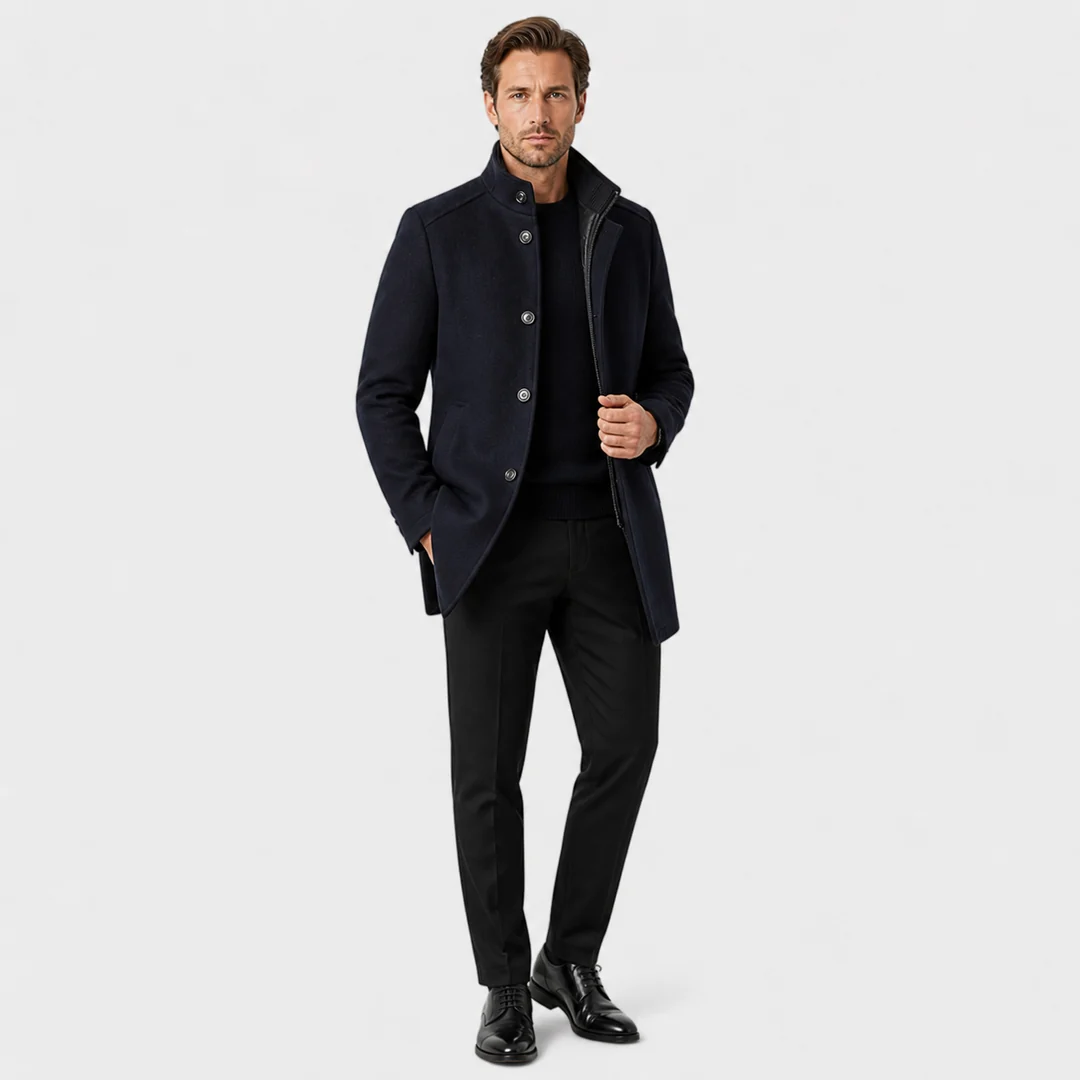 Men’s Wool-Blend Overcoat – Stand Collar & Vest Panel