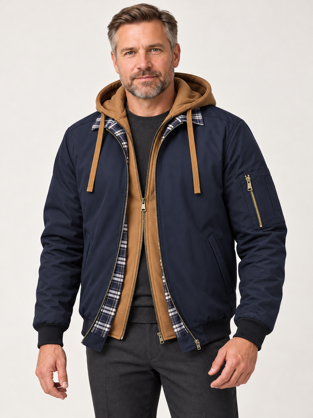 Men’s Hooded Bomber Jacket – Contrast Hood & Zip Front