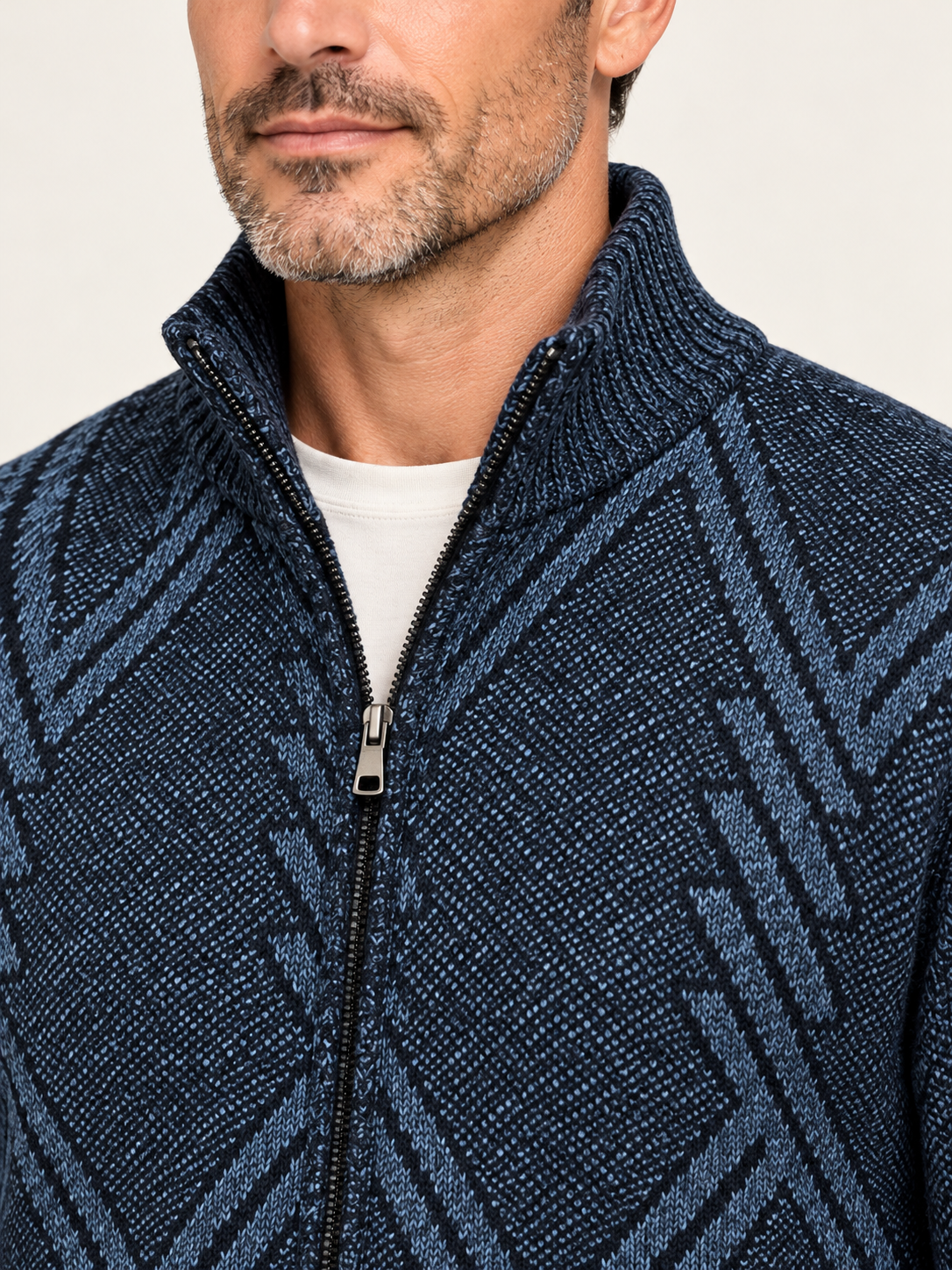Men’s Fleece-Lined Zip-Up Cardigan – Stand Collar & Patterned Knit