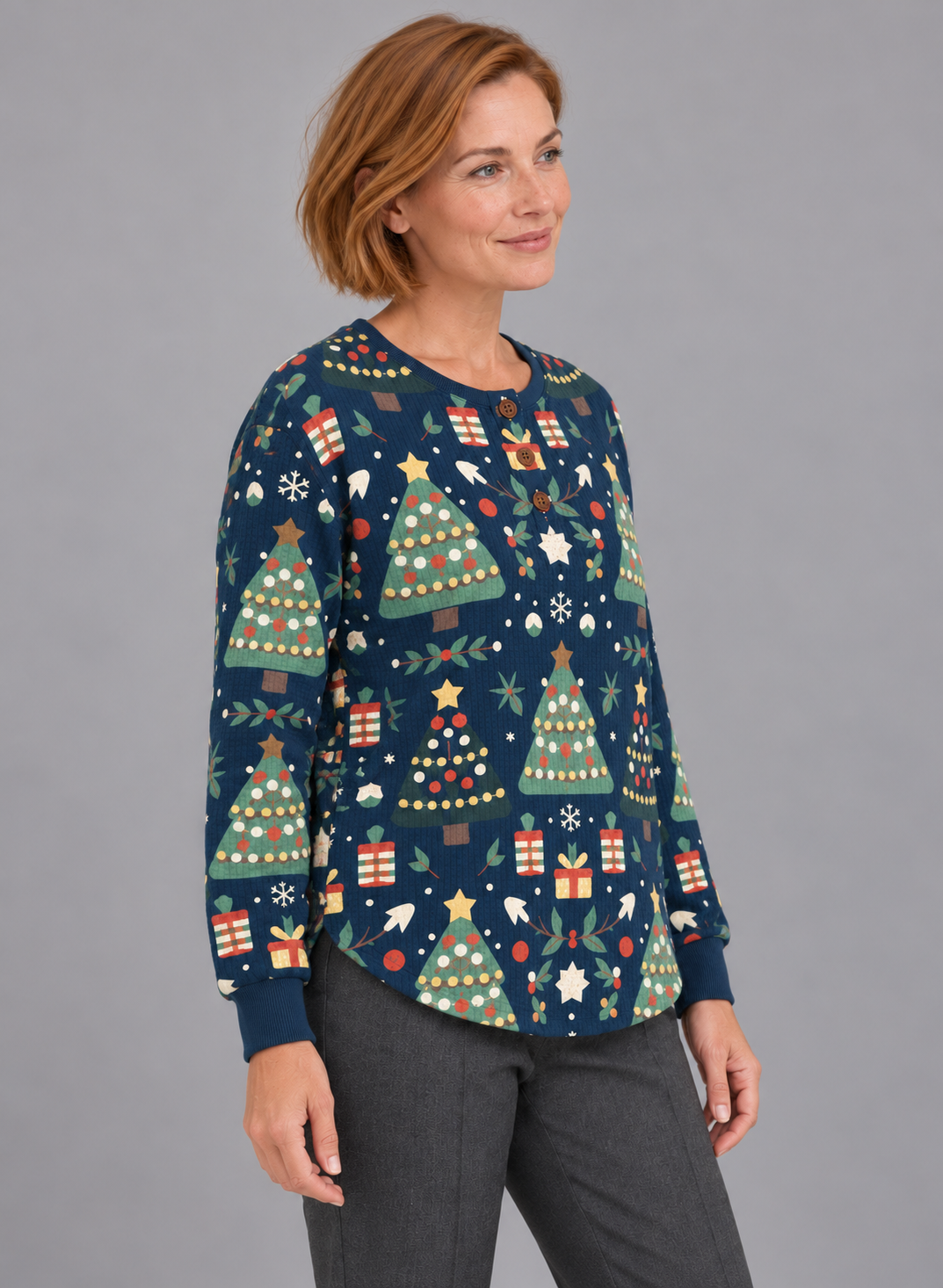 Women’s Christmas Jumper With Waffle Button Neck