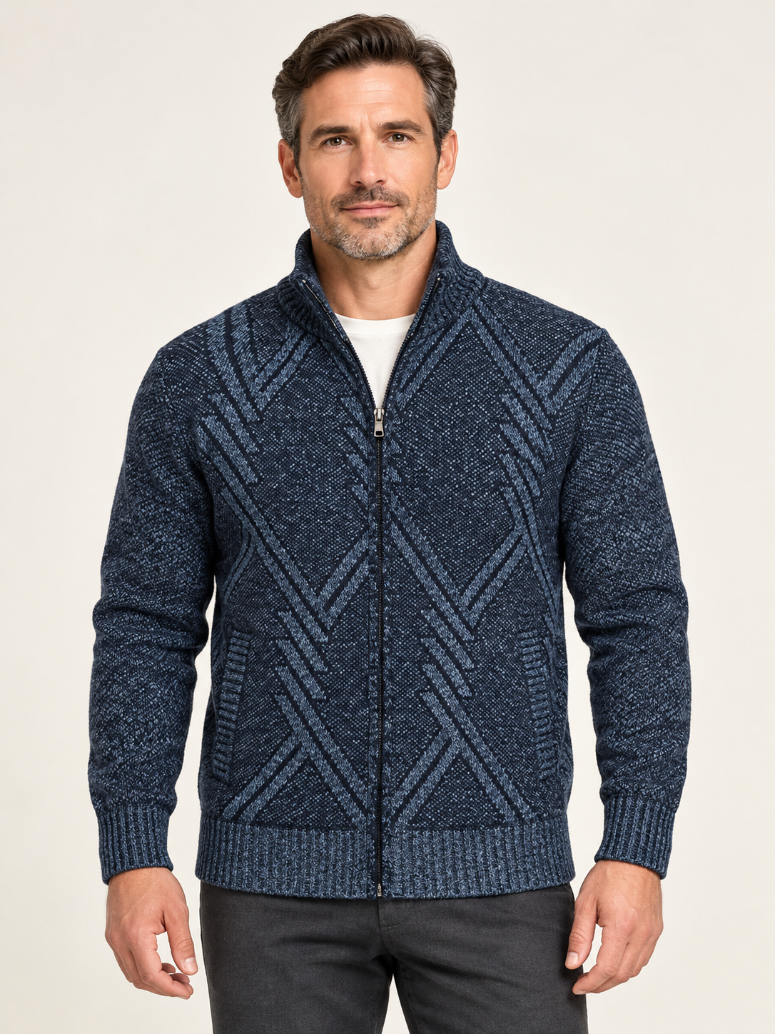 Men’s Fleece-Lined Zip-Up Cardigan – Stand Collar & Patterned Knit