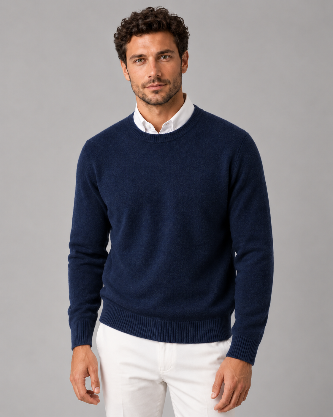 Men's Cashmere Crew-Neck Knit Sweater – Regular Fit & Ribbed Trims