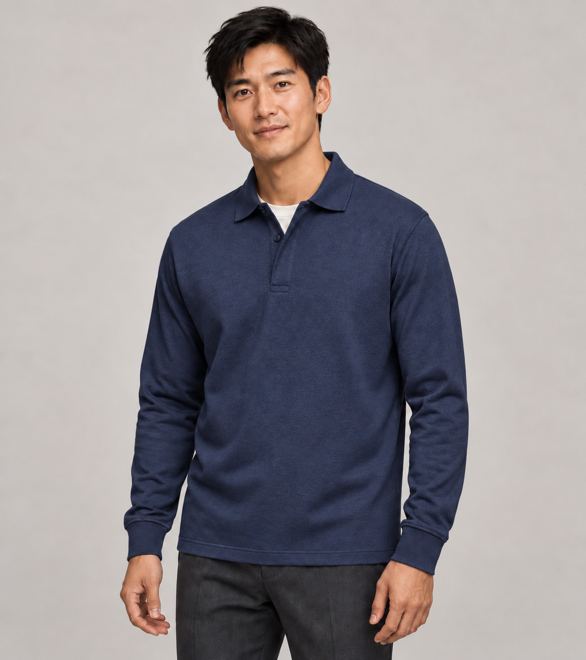 Men's Long-Sleeve Polo Shirt – Classic Collar & Button Placket