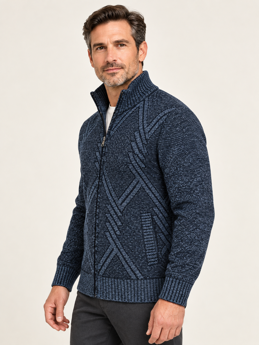 Men’s Fleece-Lined Zip-Up Cardigan – Stand Collar & Patterned Knit