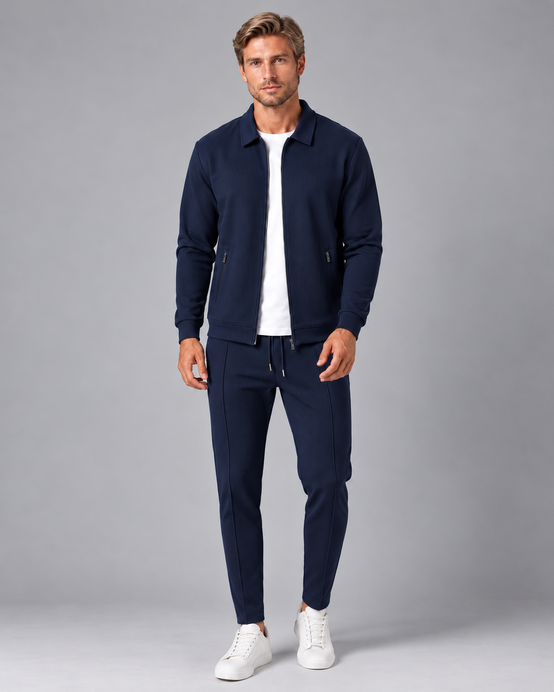 Men's Waffle Tracksuit Set – Collared Zip Jacket & Trousers