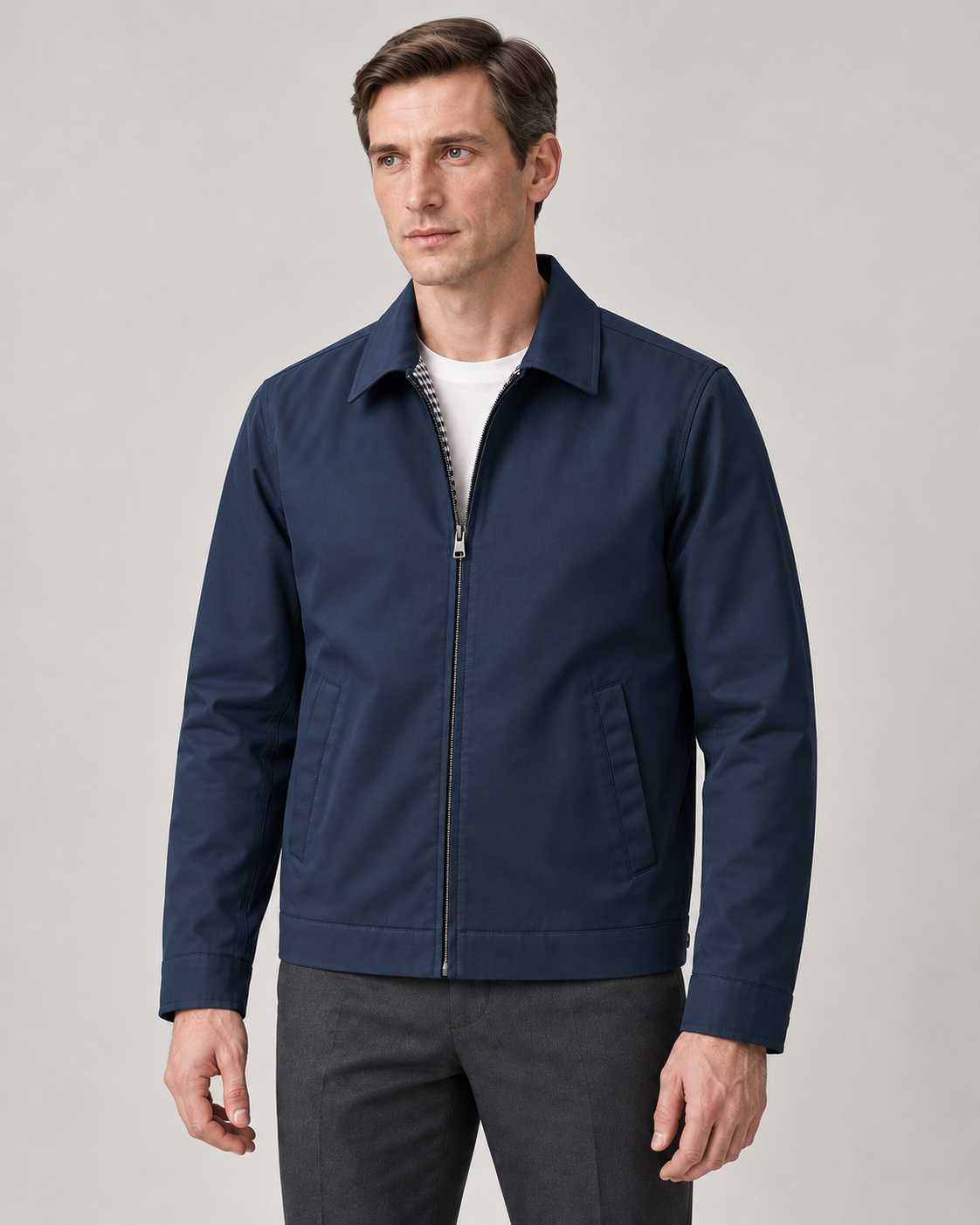Men’s Lightweight Zip Jacket with Point Collar and Checked Lining