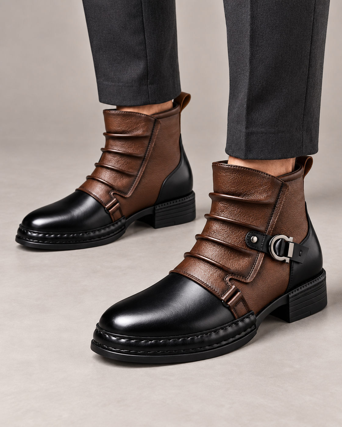 Men’s Boots With Contrast Leather And Buckle
