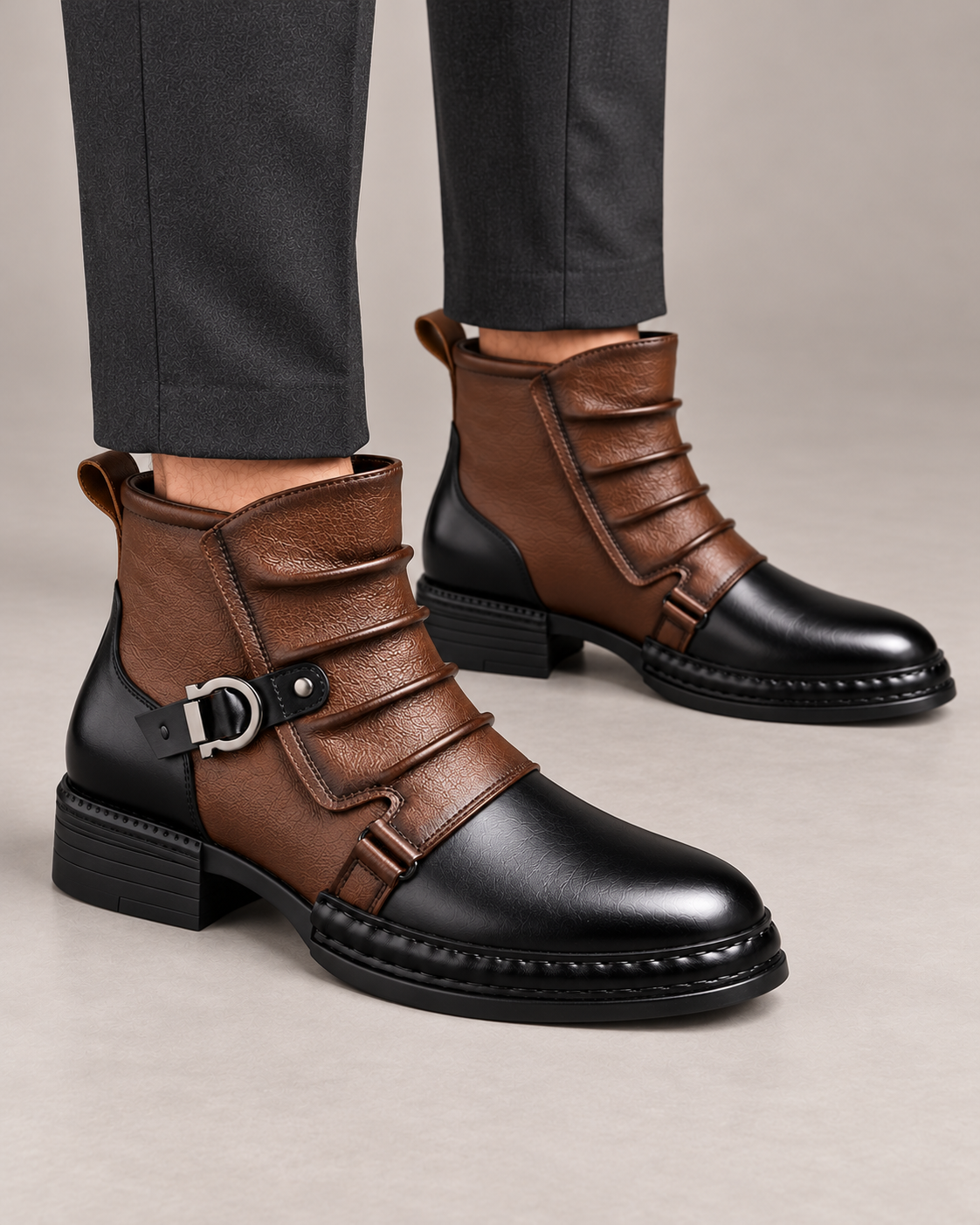 Men’s Boots With Contrast Leather And Buckle