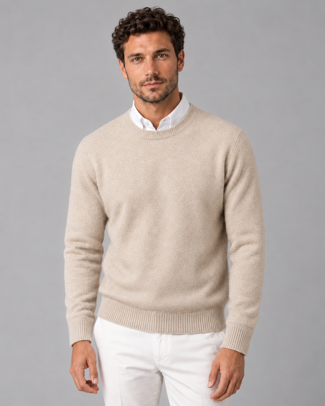 Men's Cashmere Crew-Neck Knit Sweater – Regular Fit & Ribbed Trims