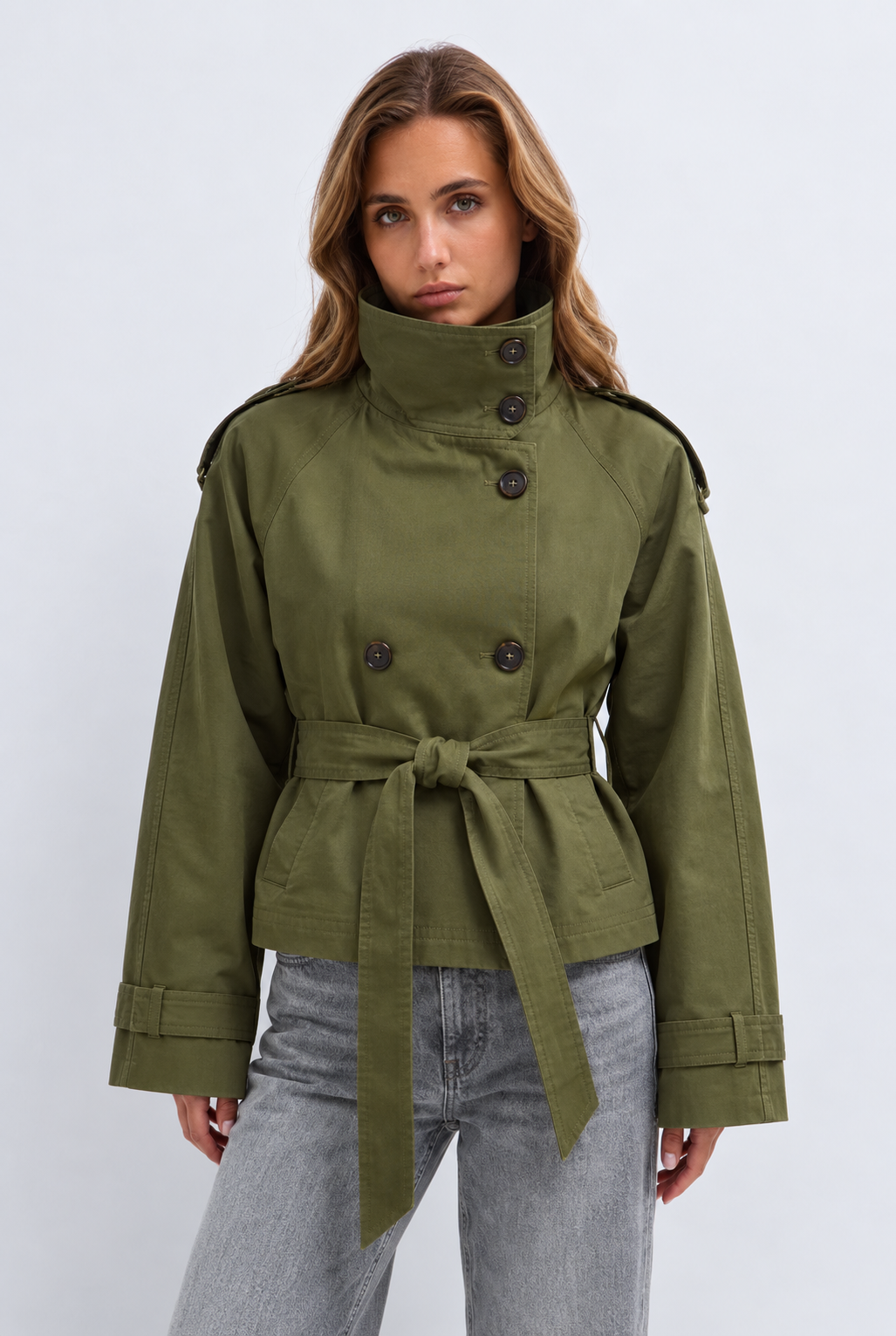 Women's Cropped Trench Coat – Double-Breasted Belted Jacket