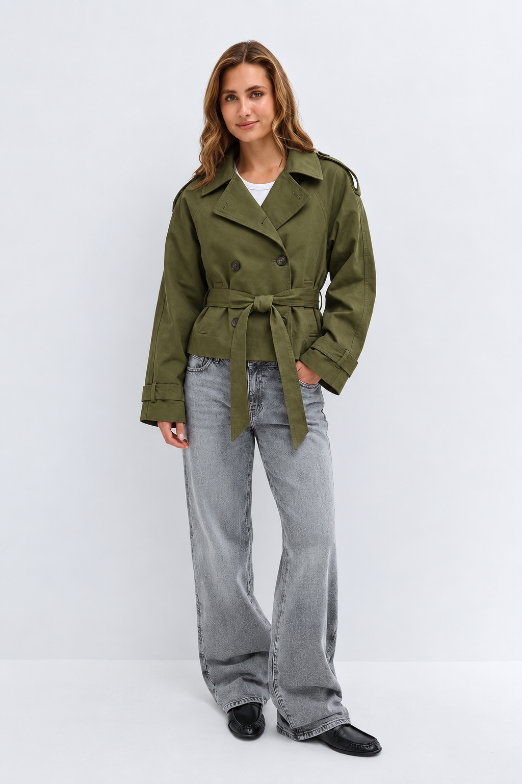 Women's Cropped Trench Coat – Double-Breasted Belted Jacket