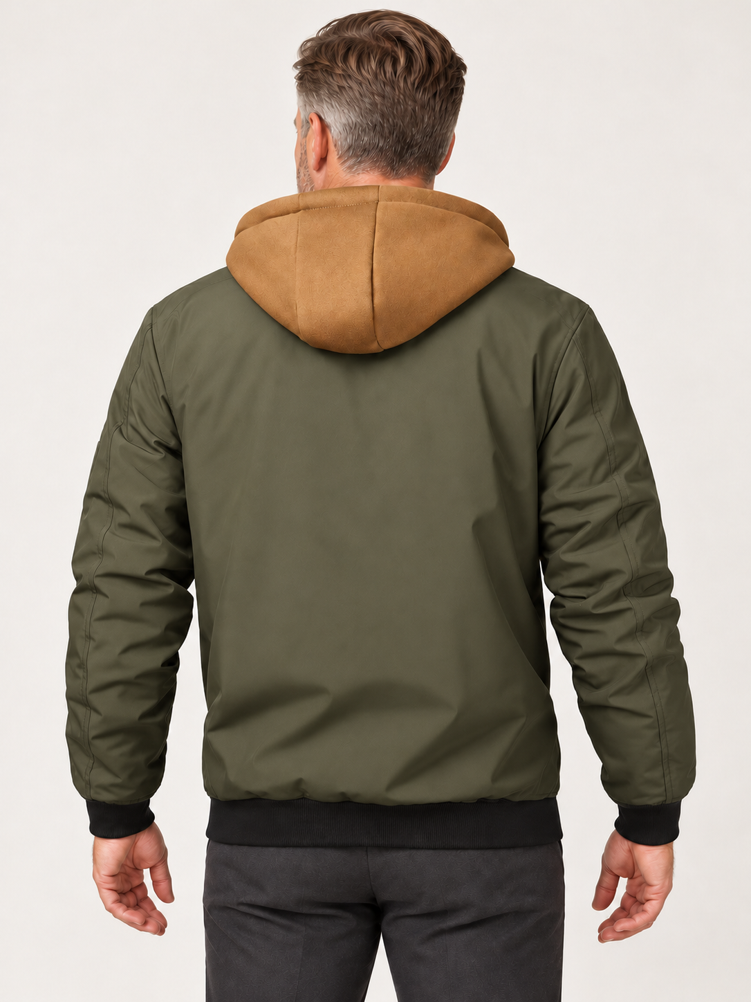 Men’s Hooded Bomber Jacket – Contrast Hood & Zip Front