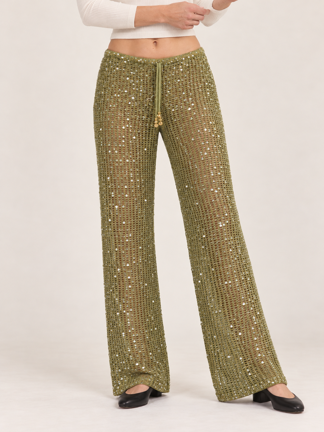 Women's Sequin Crochet Wide-Leg Trousers – Drawstring Waist