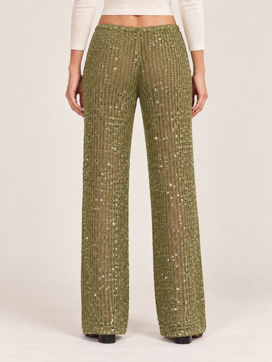 Women's Sequin Crochet Wide-Leg Trousers – Drawstring Waist