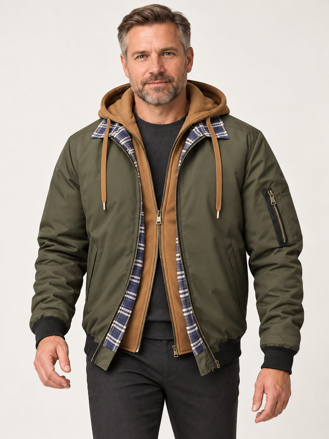 Men’s Hooded Bomber Jacket – Contrast Hood & Zip Front