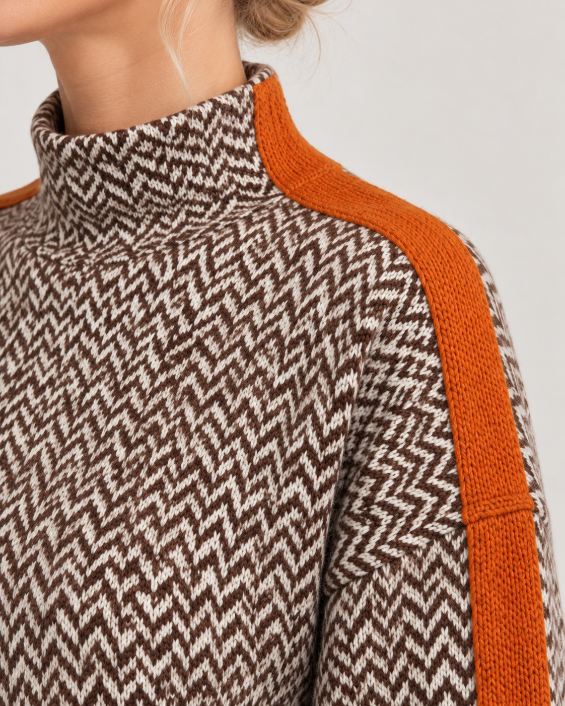 Women’s Roll-Neck Jumper – Herringbone Knit & Contrast Sleeve Stripes